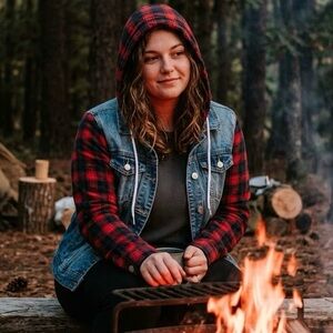 Bluenotes Hooded Denim Jacket Red Navy Plaid Mixed Media Layering Lumberjack Y2K